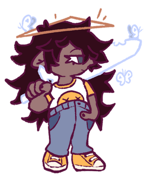 a chibi of my oc holly holding her divine sword. she's looking off in the distance with a hand in her pocket.